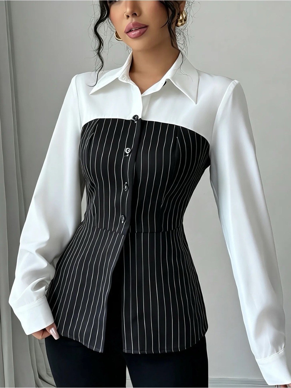 Elegant Two-Tone Pinstripe Button-Front Top - White & Black